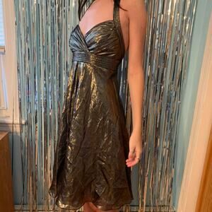 BADGLEY MISCHKA PLATINUM LABEL METALLIC GOLD HALTER DRESS
